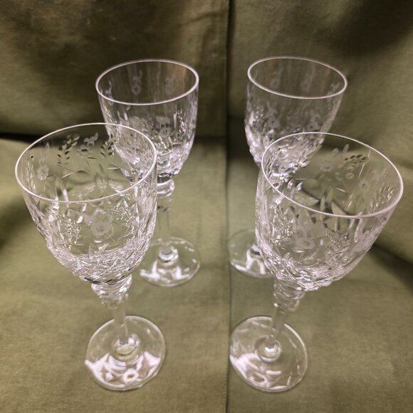 Set of 4 Vtg Rogaska Crystal Gallia 7 3/4" Wine Water Glasses Floral Orig Owner - Picture 2 of 7